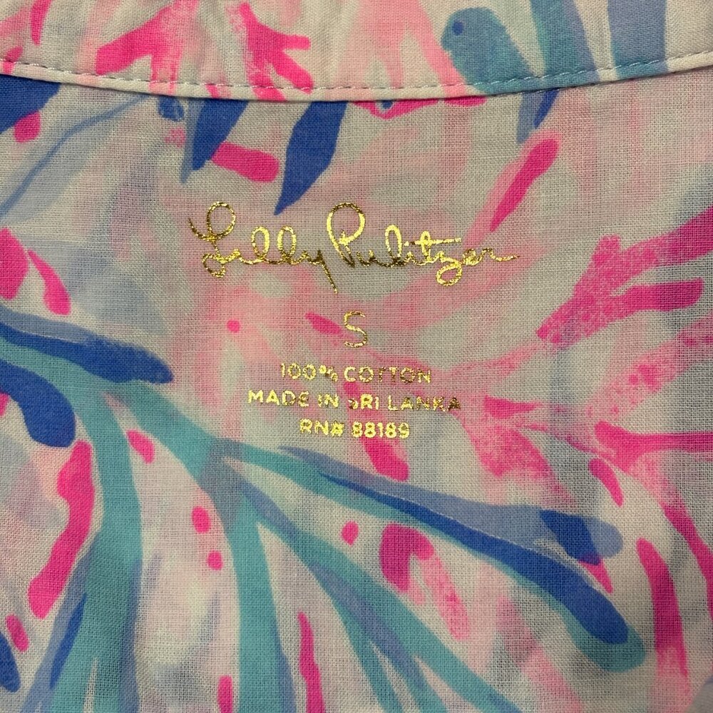 Lilly Pulitzer‎ Women’s S Cotton Tunic Top Button Front Pink Blue Tropical Print - Picture 6 of 11